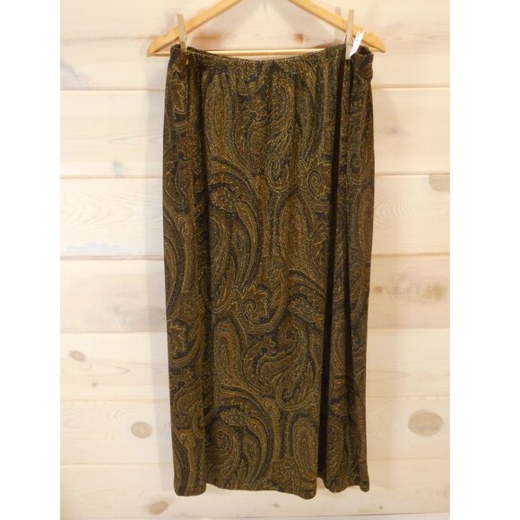NWT Fashion Bug Women's 2X Maxi Length Skirt Slit Olive-Brown Paisley Metallic - Picture 1 of 11
